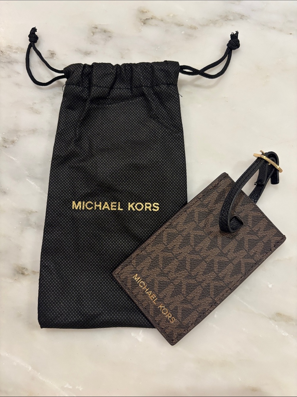 Michael Kors Brown & Black Monogram Luggage ID Tag with Black Drawstring Pouch
